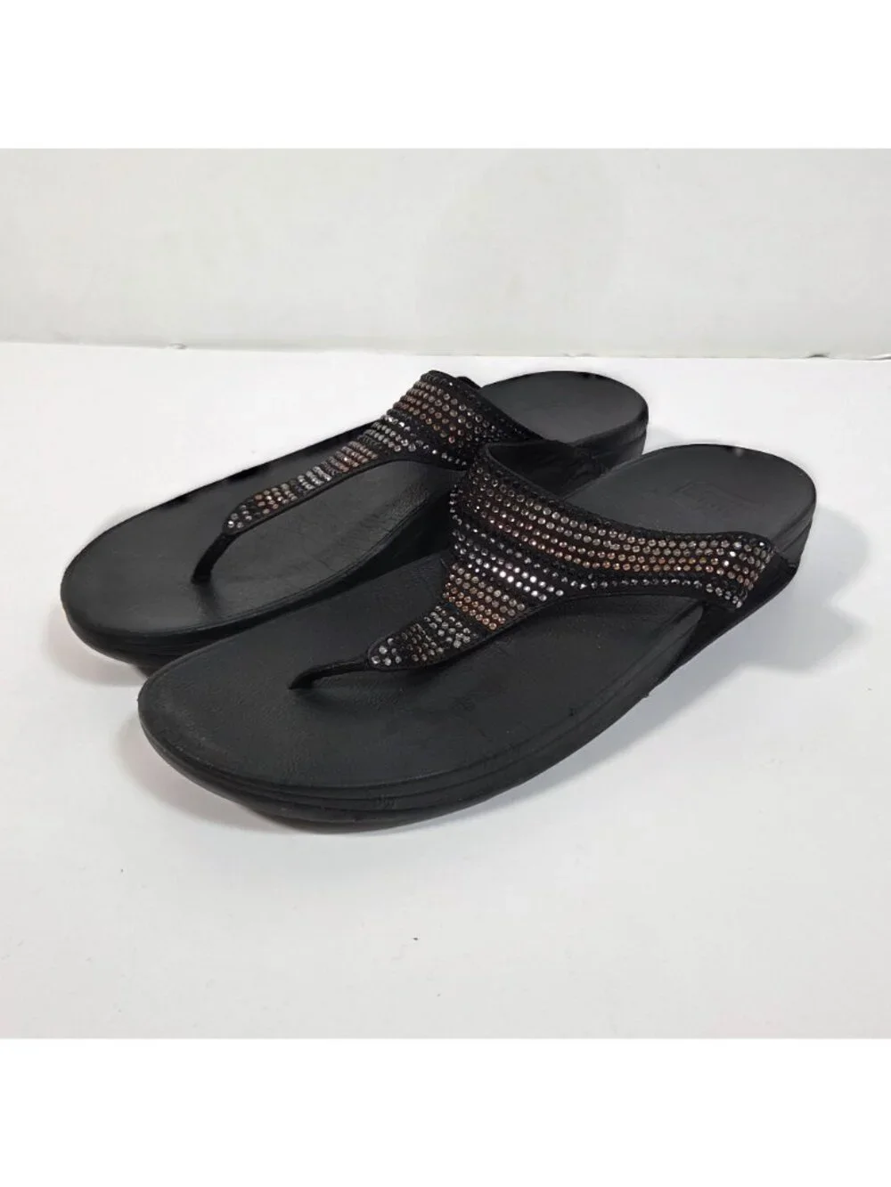 FitFlop Strobe Luxe Black Rhinestone Sandals Minimalist Glam Resort Size 11